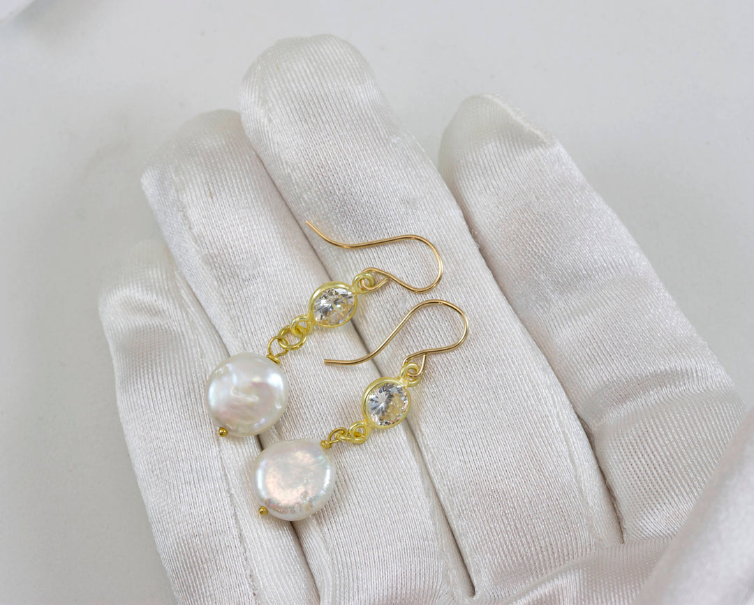 Pearl Earrings 14k solid gold or filled Bezel Set Cubic Zirconia CZ Double Hung Freshwater White Pearls  Drop Everyday Spyglass Designs