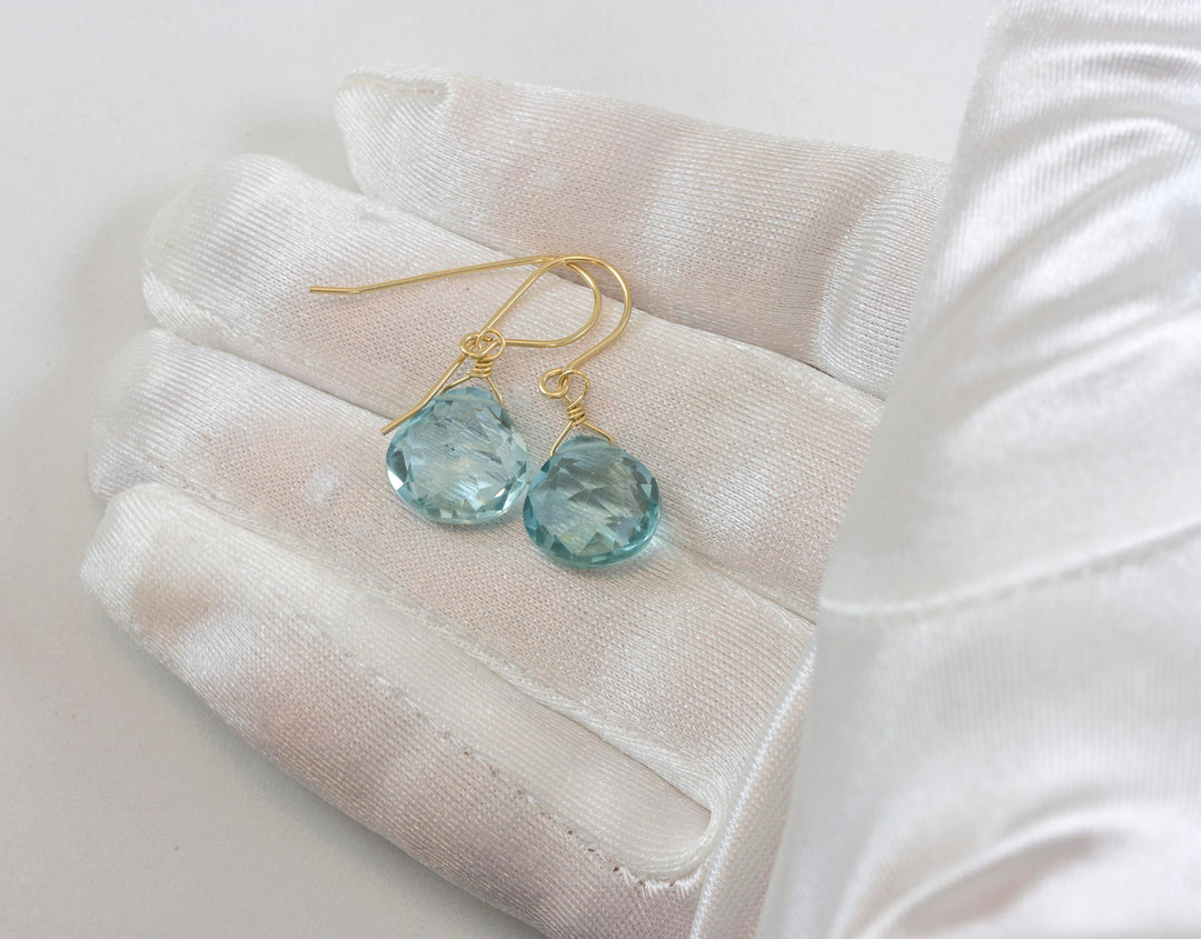 Aquamarine Earrings Simulated faceted Heart Drop Teardrop Sterling Silver or 14k Solid Gold or Filled Aqua Blue Simple Dainty Everyday Drops