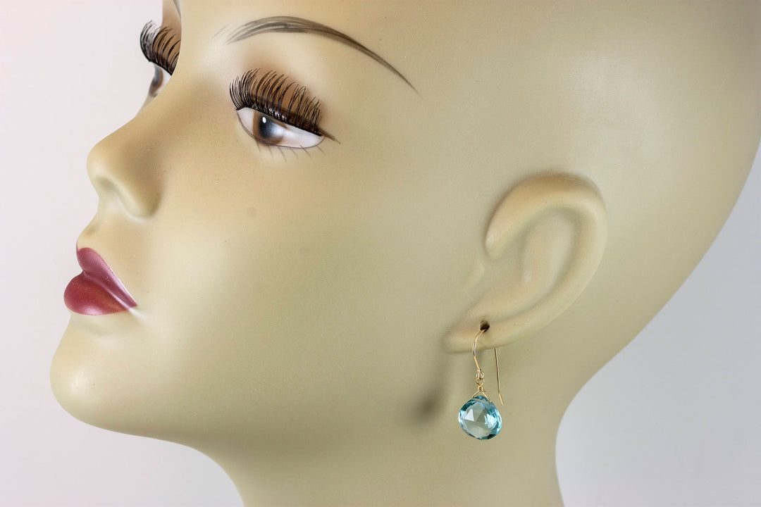Aquamarine Earrings Simulated faceted Heart Drop Teardrop Sterling Silver or 14k Solid Gold or Filled Aqua Blue Simple Dainty Everyday Drops