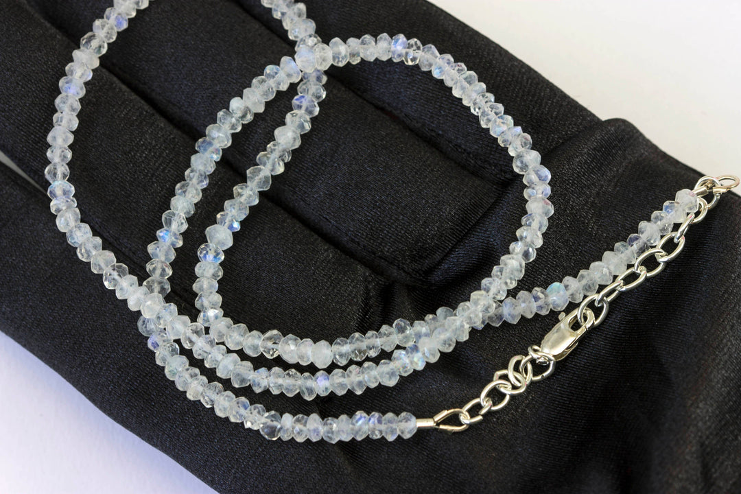 Blue Moonstone Necklace Natural Rainbow Flash Sterling Silver or 14k gold filled Faceted 18 Inch AAA Solid Strand Rondelles Classic Simple