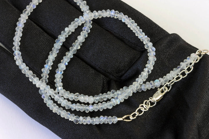 Blue Moonstone Necklace Natural Rainbow Flash Sterling Silver or 14k gold filled Faceted 18 Inch AAA Solid Strand Rondelles Classic Simple