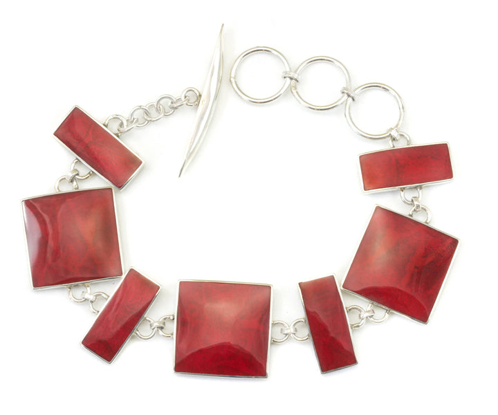 Red Coral Bamboo Bracelet Bezel Set Toggle Clasp Sterling Silver  7 8 Inches Adjustable Earthy Natural Contemporary Square Rectangle Cut