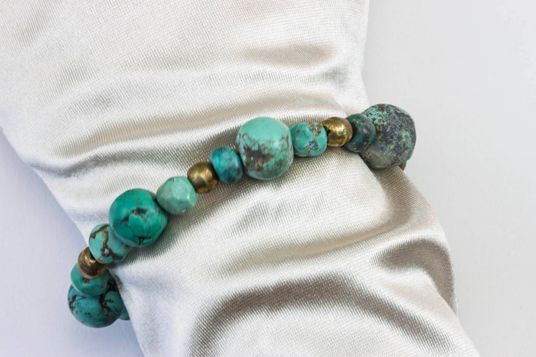 Turquoise Bracelet Natural 7 8 9 Inch Women Man Men's Bracelet Stretchy African Beads Rustic Off Round Hand Smoothed Earthy Blue or Green