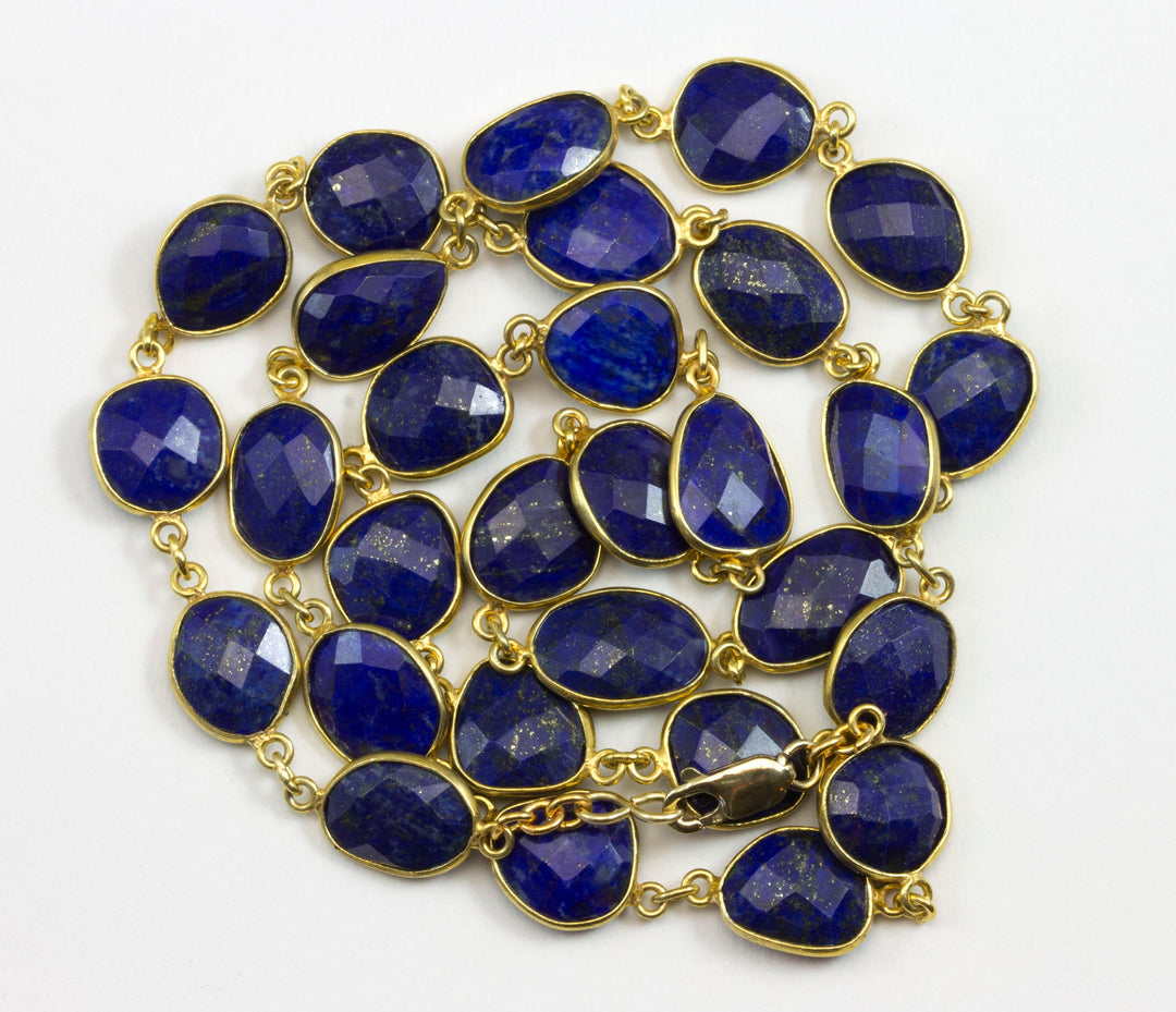 Lapis Lazuli Blue Necklace Natural Faceted Bezel Set 14k Gold Fill 24 Inches Large Off Round Stones Classic Shape and Design