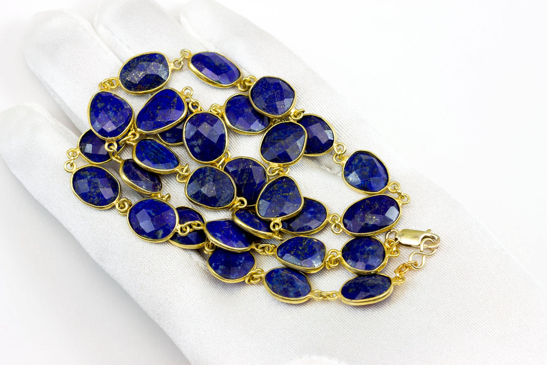 Lapis Lazuli Blue Necklace Natural Faceted Bezel Set 14k Gold Fill 24 Inches Large Off Round Stones Classic Shape and Design