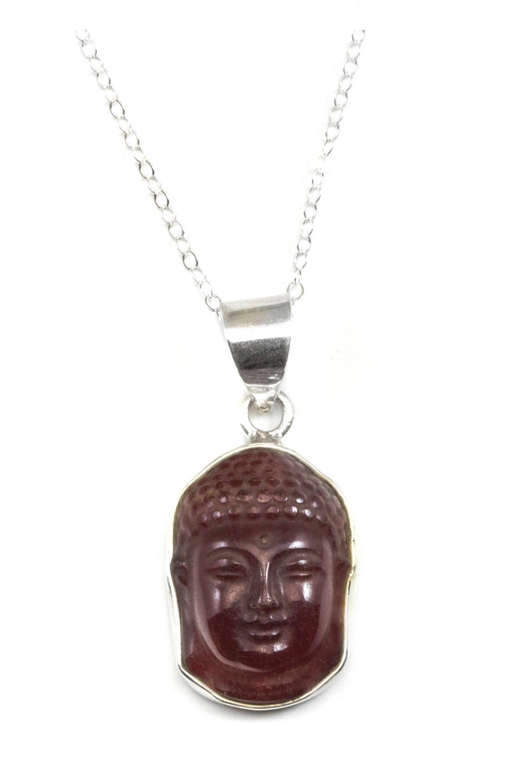 Buddha Pendant Chain Necklace Sterling Silver Simple Small Carved Head Carnelian Agate Stone Bezel Set Simple Everyday Necklace 18 Inches