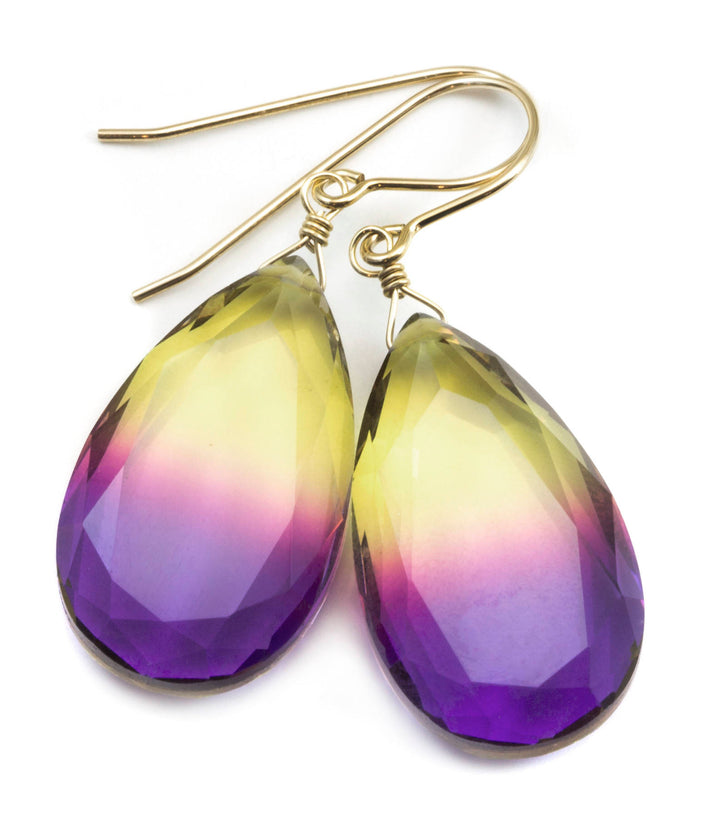 Bicolor Simulated Tourmaline Earrings Faceted Large Fat Bi Color Teardrop Yellow Pink Purple Sterling Silver or 14k Gold  or Filled  Drops