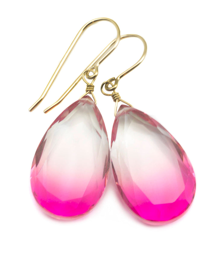 Watermelon Bicolor Simulated Tourmaline Earrings Faceted Large Fat Bi Color Teardrop  Pink Sterling Silver or 14k Gold  or Filled  Drops