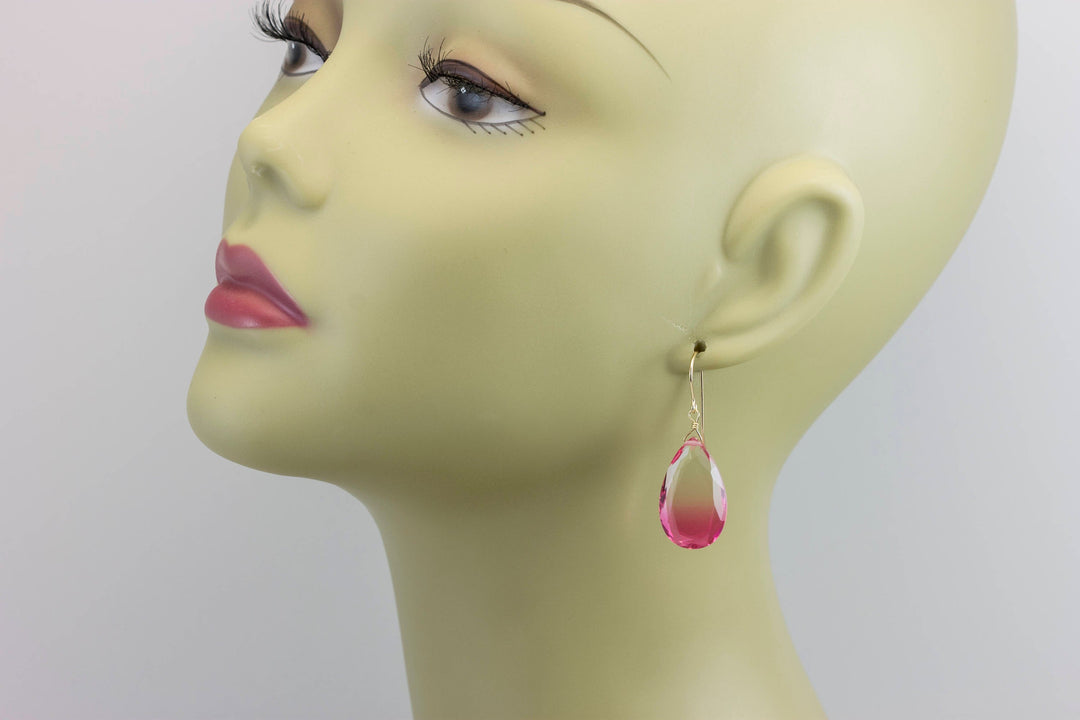 Watermelon Bicolor Simulated Tourmaline Earrings Faceted Large Fat Bi Color Teardrop  Pink Sterling Silver or 14k Gold  or Filled  Drops