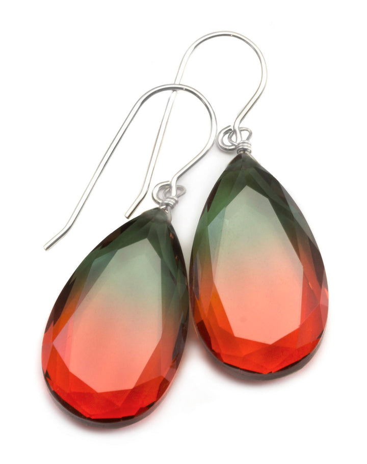 Watermelon Bicolor Simulated Tourmaline Earrings Faceted Large Bi Color Teardrop Dark Green Pink Sterling Silver 14k Gold  or Filled  Drops