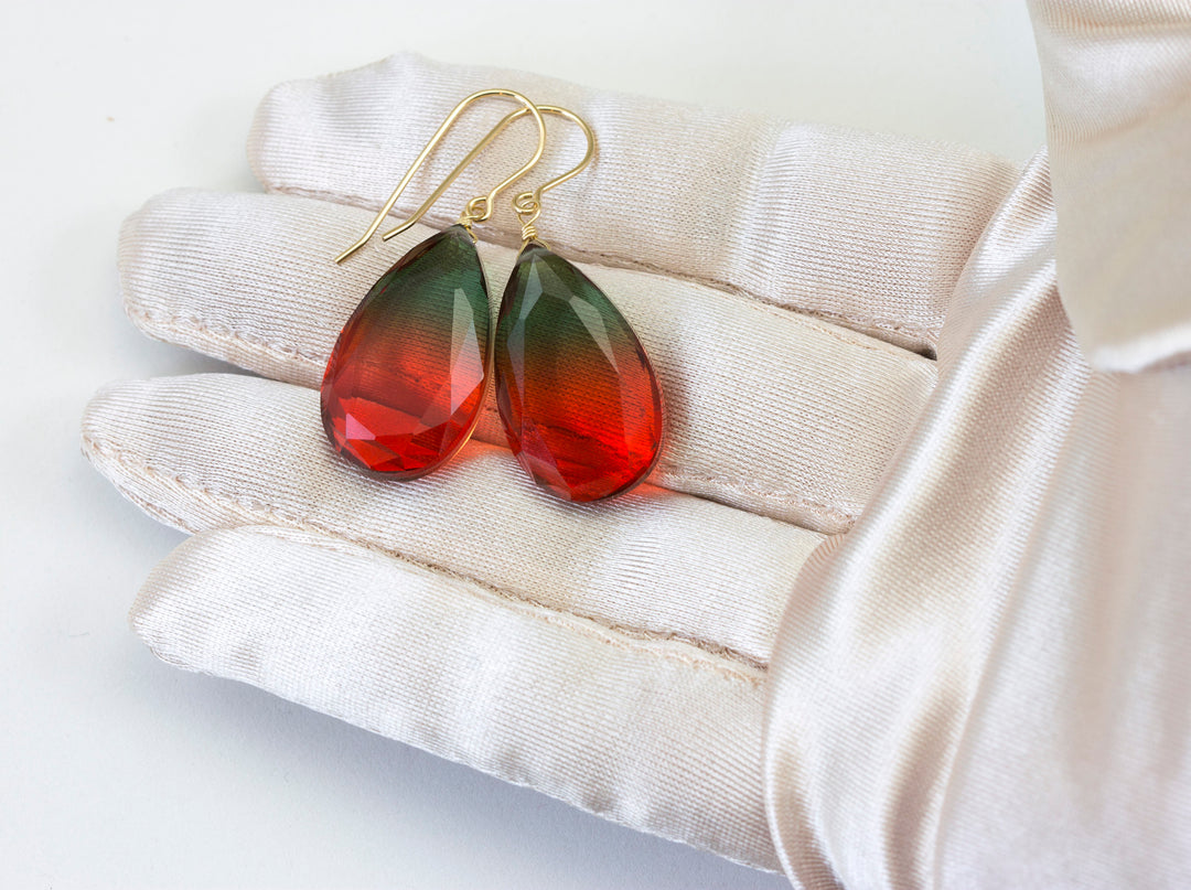 Watermelon Bicolor Simulated Tourmaline Earrings Faceted Large Bi Color Teardrop Dark Green Pink Sterling Silver 14k Gold  or Filled  Drops