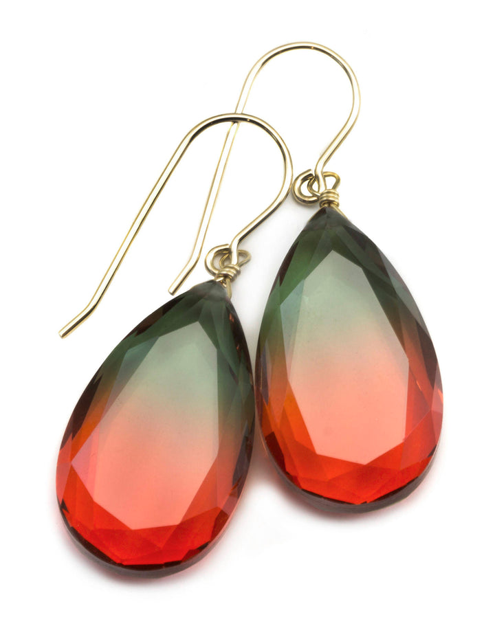 Watermelon Bicolor Simulated Tourmaline Earrings Faceted Large Bi Color Teardrop Dark Green Pink Sterling Silver 14k Gold  or Filled  Drops