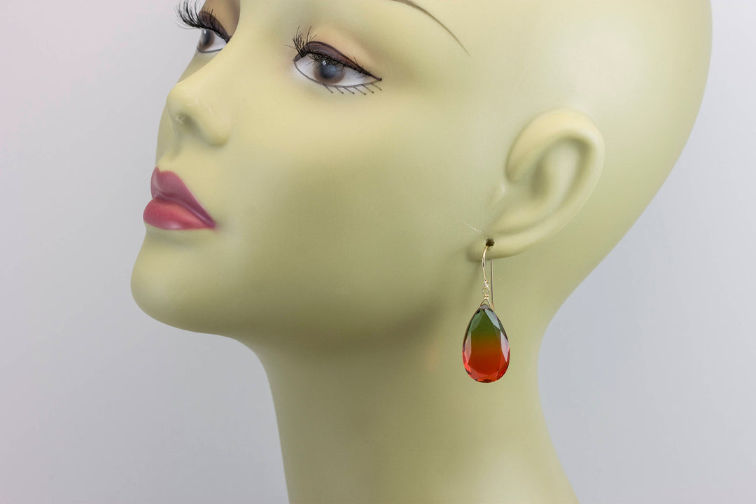 Watermelon Bicolor Simulated Tourmaline Earrings Faceted Large Bi Color Teardrop Dark Green Pink Sterling Silver 14k Gold  or Filled  Drops