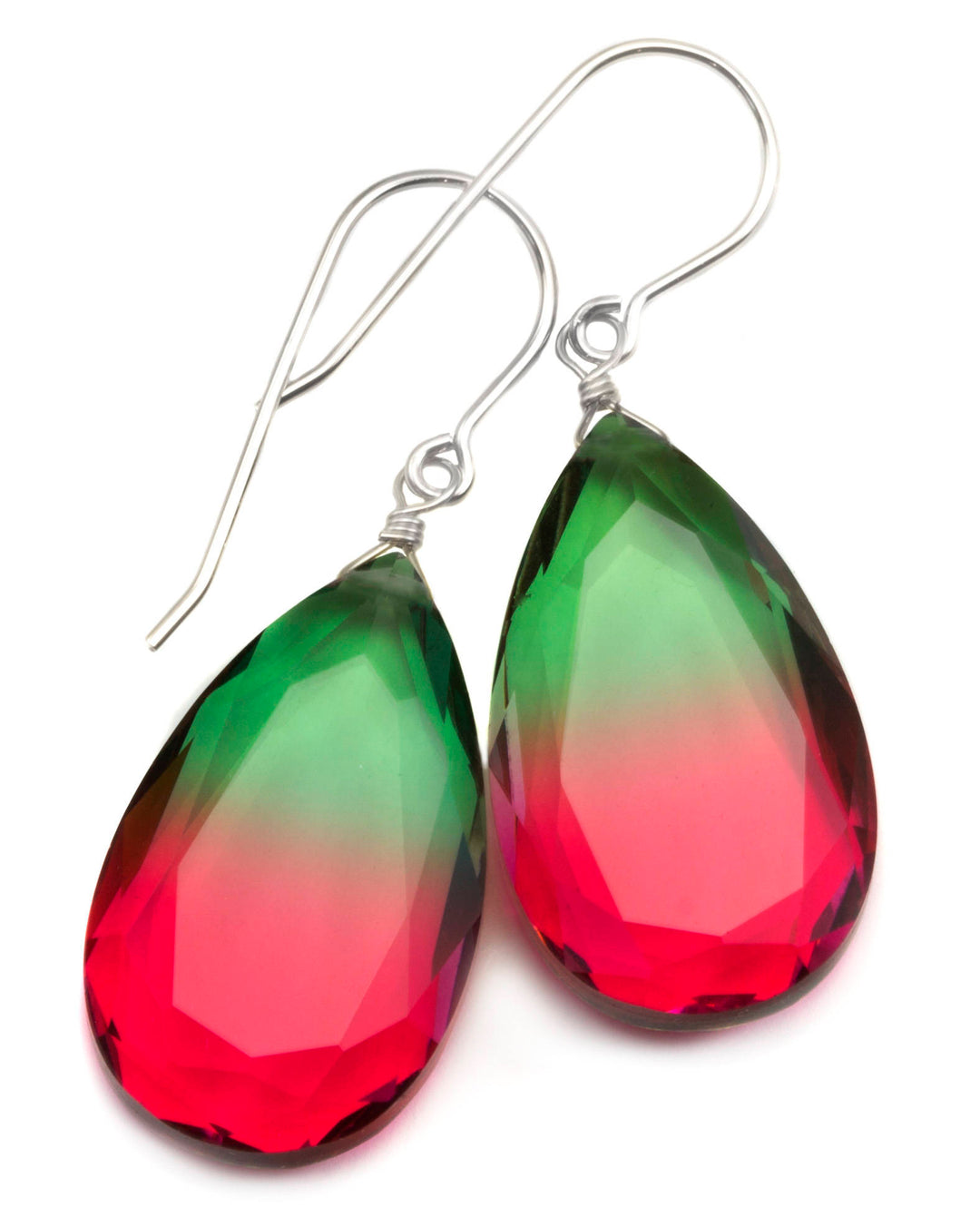 Watermelon Bicolor Simulated Tourmaline Earrings Faceted Large Bi Color Teardrop Dark Green Hot Pink Sterling Silver 14k Gold  or Filled