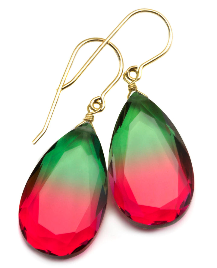 Watermelon Bicolor Simulated Tourmaline Earrings Faceted Large Bi Color Teardrop Dark Green Hot Pink Sterling Silver 14k Gold  or Filled