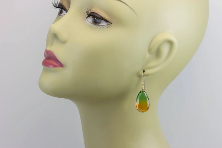 Watermelon Bicolor Simulated Tourmaline Earrings Facet Large Bi Color Teardrop Green Honey Yellow Amber Sterling Silver 14k Gold or Filled - Spyglass Designs