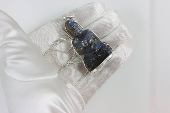Buddha Pendant Chain Necklace Sterling Silver Simple Sitting Buddha Labradorite or Clear Quartz Carved Stone Bezel Set Simple 20 Inches