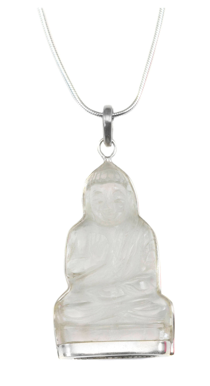 Buddha Pendant Chain Necklace Sterling Silver Simple Sitting Buddha Labradorite or Clear Quartz Carved Stone Bezel Set Simple 20 Inches