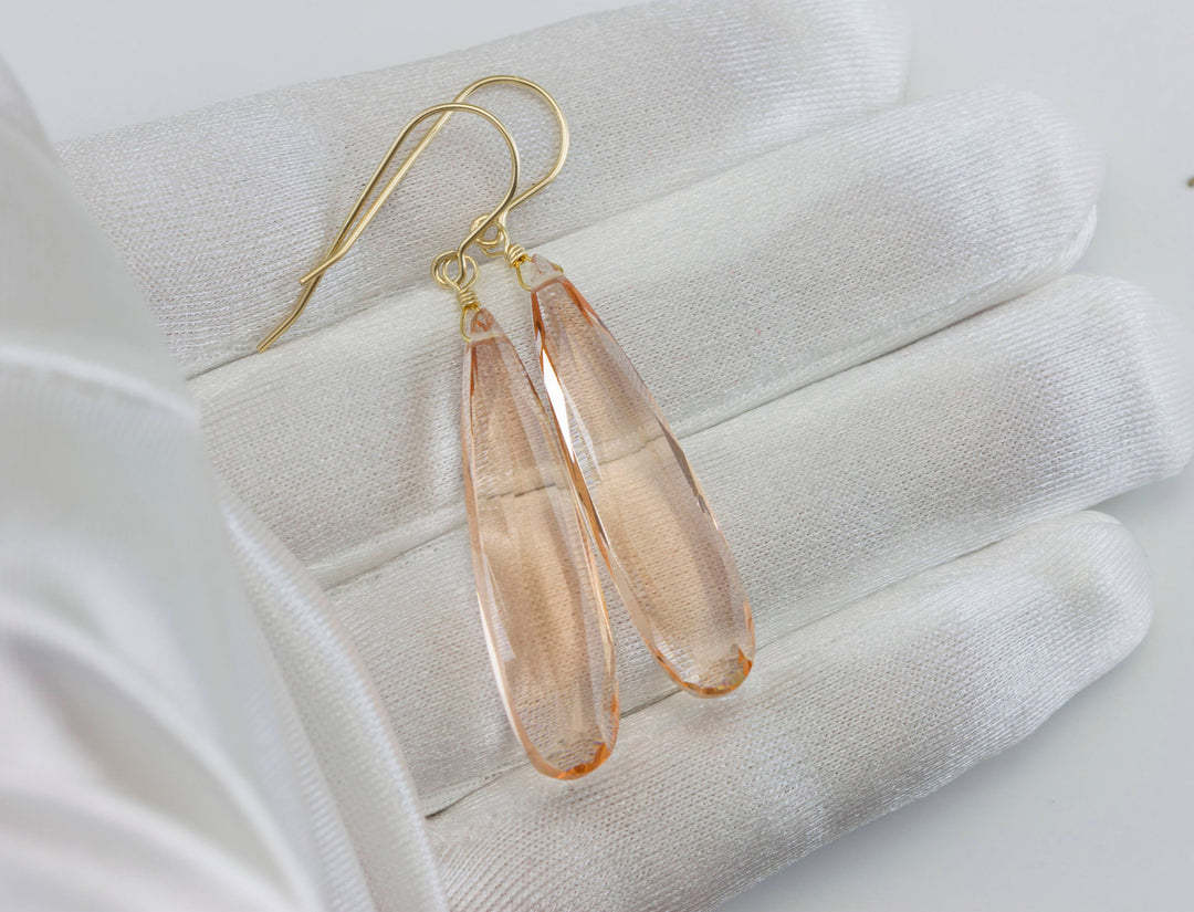 Peachy Pink Simulated Morganite Earrings Faceted Large Long Dangle 14k Gold or Filled or Sterling Silver Classic Simple Clean 2 Inch Drops