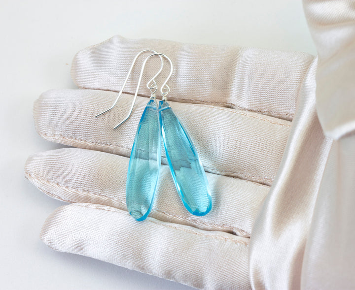 Aqua blue simulated Aquamarine Earrings Faceted Large Long Dangle 14k Gold or Filled or Sterling Silver Classic Simple Clean 2 Inch Drops
