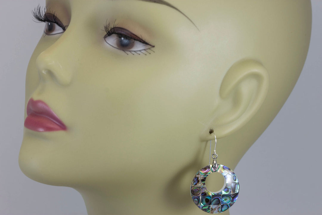 Abalone Paua Shell Teardrop Earrings Natural Peacock Mosaic Round 14k solid gold or filled or Sterling Silver Large Simple MOP Drops 2 Inch