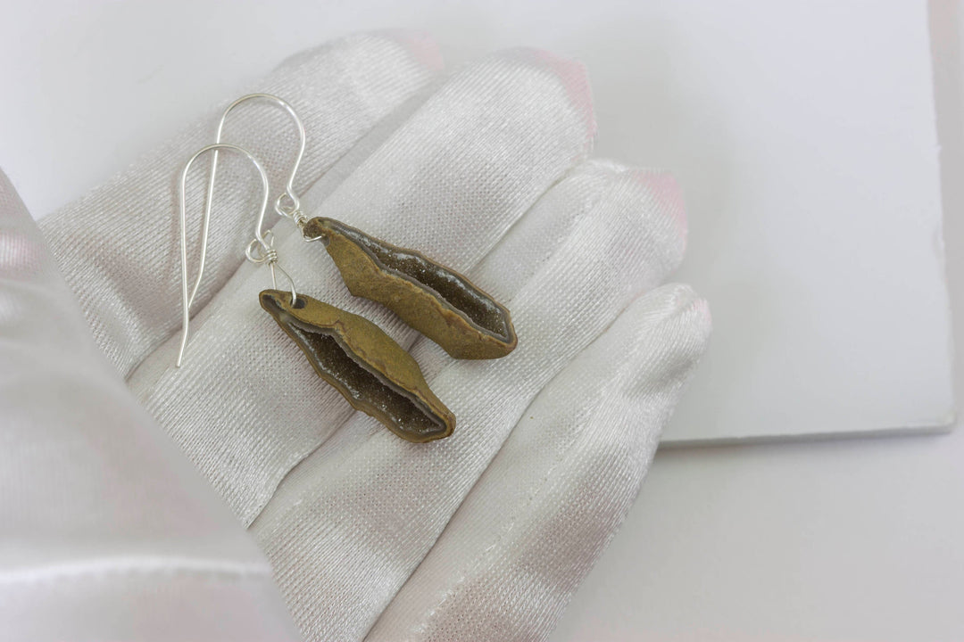 Baby Geode Earrings Tabasco Champagne Gray  Druzy Oval Sterling Silver Polished Drusy Paired AAA Natural Fine Small Drusy Geodes Drops
