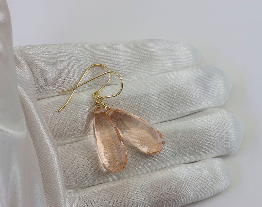 Peachy Pink Simulated Morganite Earrings Faceted Large Long Dangle 14k Gold or Filled or Sterling Silver Classic Simple Clean 1 1/2 Inch