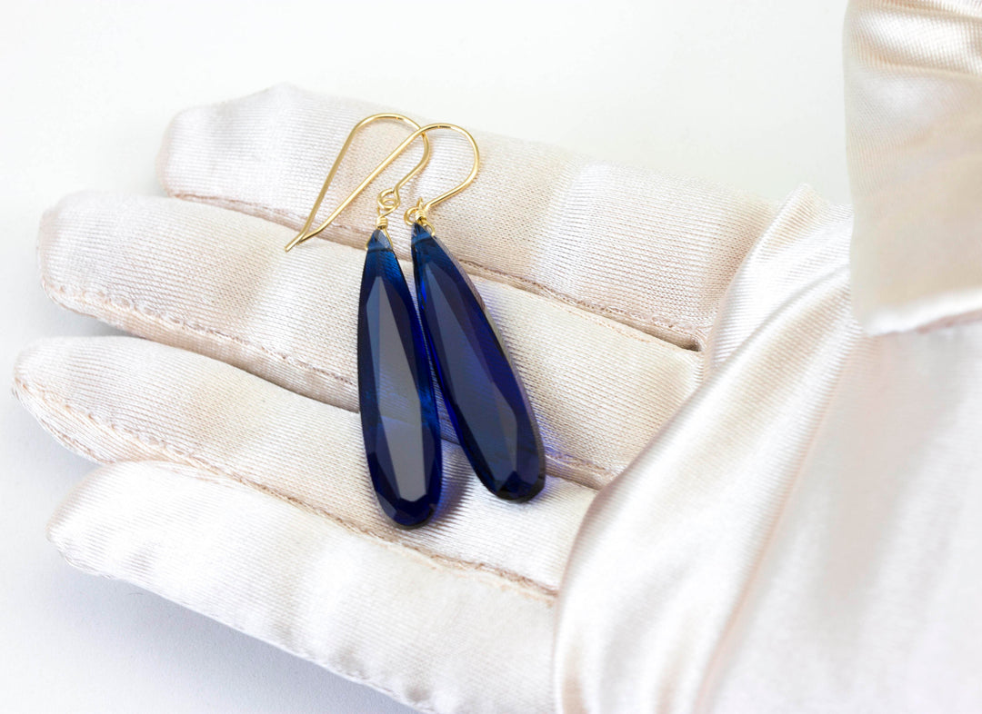 Kashmir blue simulated Sapphire Earrings Faceted Large Long Dangle 14k Gold or Filled or Sterling Silver Classic Simple Clean 2 Inch Drops