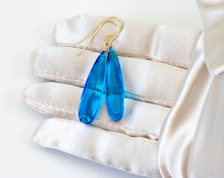 Neon blue simulated Apatite Earrings Faceted Large Long Dangle 14k Gold or Filled or Sterling Silver Classic Simple Clean 2 Inch Drops