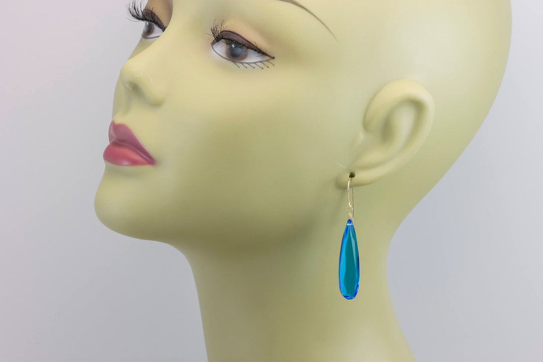 Neon blue simulated Apatite Earrings Faceted Large Long Dangle 14k Gold or Filled or Sterling Silver Classic Simple Clean 2 Inch Drops