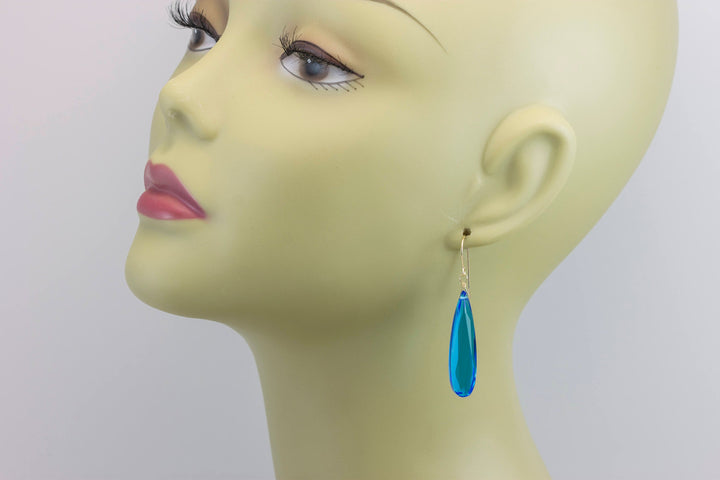 Neon blue simulated Apatite Earrings Faceted Large Long Dangle 14k Gold or Filled or Sterling Silver Classic Simple Clean 2 Inch Drops