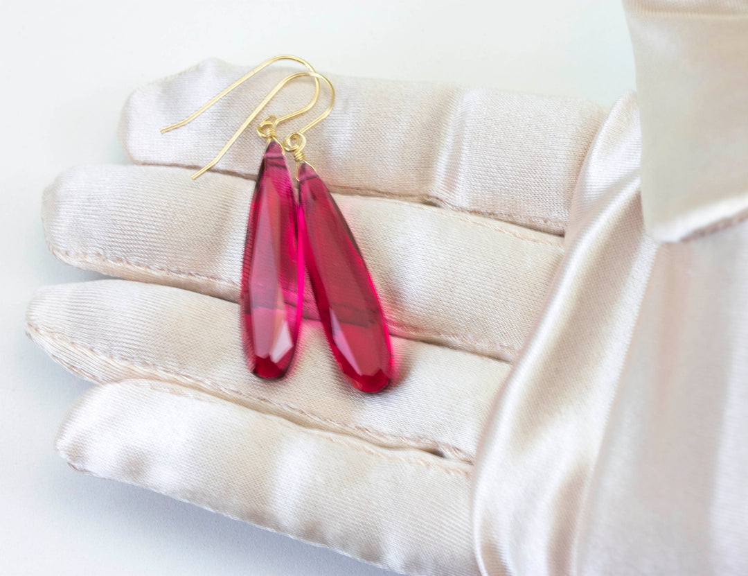Hot pink fuchsia simulated Sapphire Earrings Facet Large Long Dangle 14k Gold or Filled or Sterling Silver Classic Simple Clean 2 Inch Drops