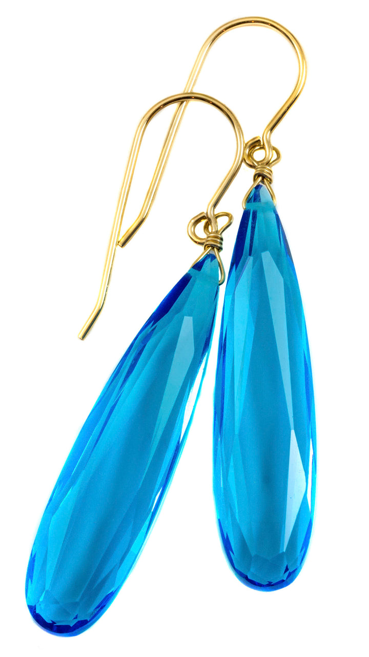 Swiss Blue simulated Topaz Earrings Facet Large Long Dangle 14k Gold or Filled or Sterling Silver Classic Simple Clean 2 Inch Drops
