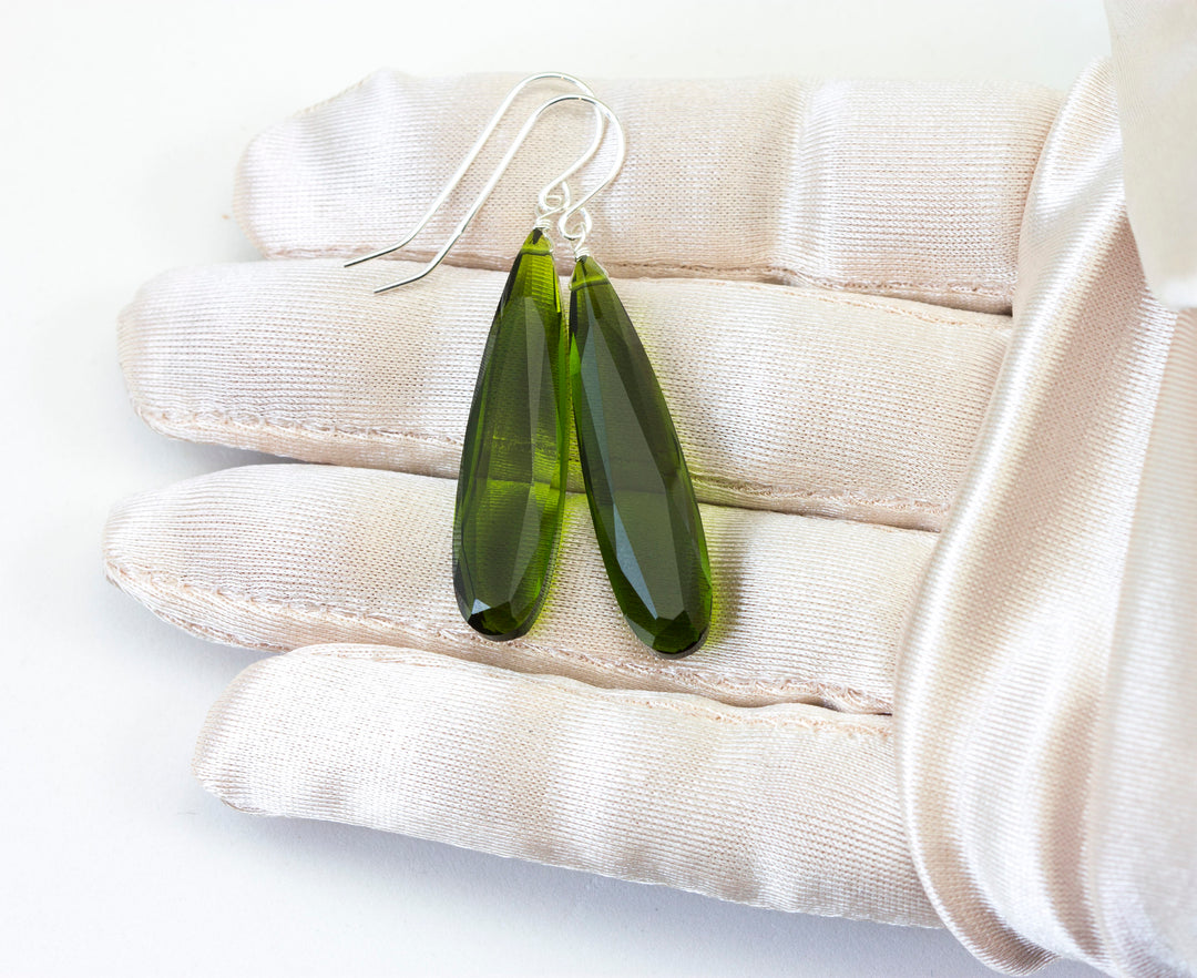 Dark Green simulated Peridot Earrings Facet Large Long Dangle 14k Gold or Filled or Sterling Silver Classic Simple Clean 2 Inch Drops