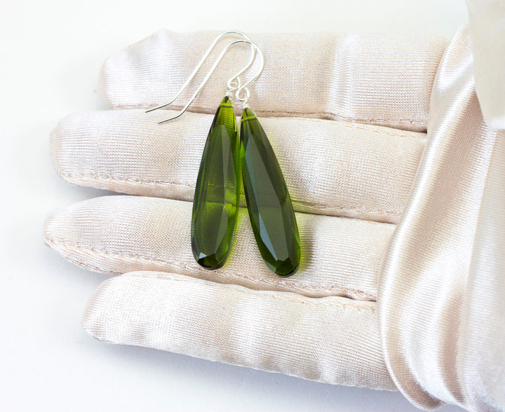 Dark Green simulated Peridot Earrings Facet Large Long Dangle 14k Gold or Filled or Sterling Silver Classic Simple Clean 2 Inch Drops