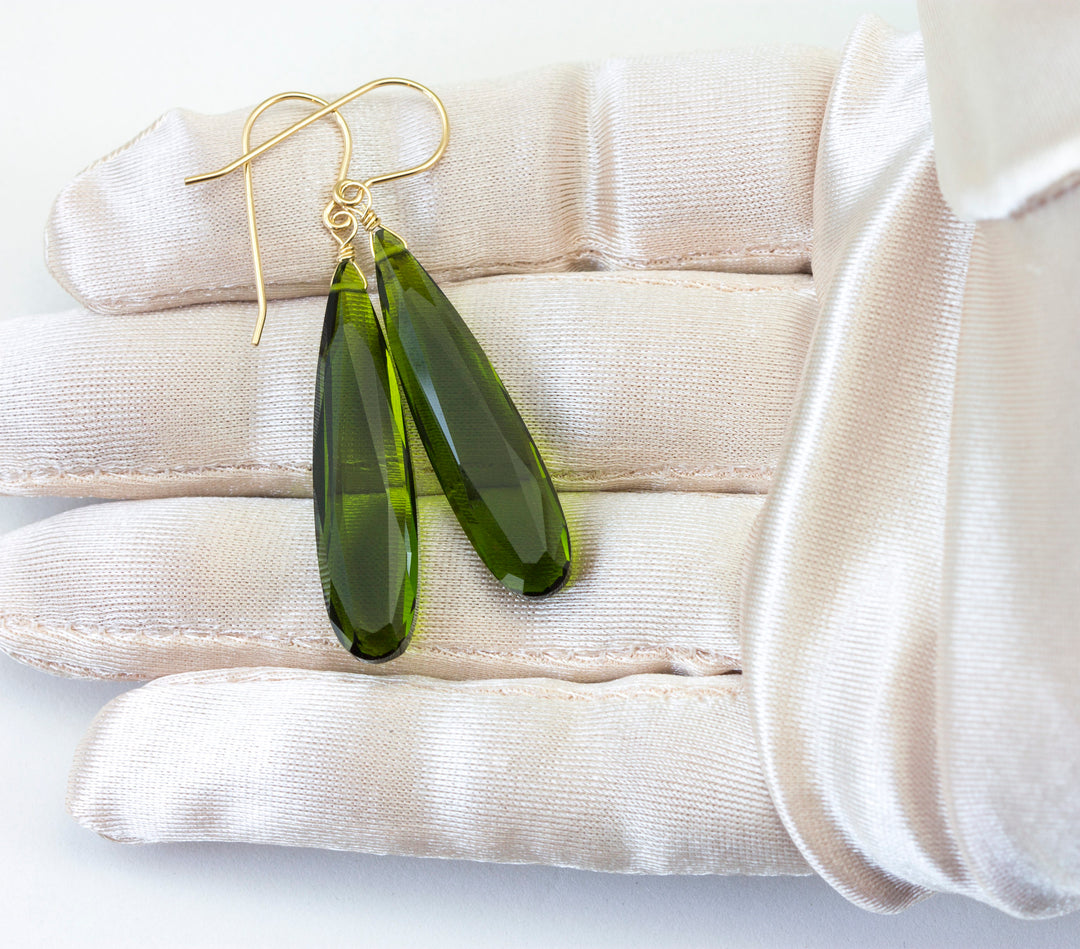 Dark Green simulated Peridot Earrings Facet Large Long Dangle 14k Gold or Filled or Sterling Silver Classic Simple Clean 2 Inch Drops