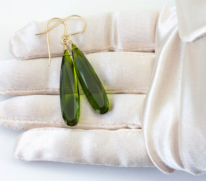 Dark Green simulated Peridot Earrings Facet Large Long Dangle 14k Gold or Filled or Sterling Silver Classic Simple Clean 2 Inch Drops