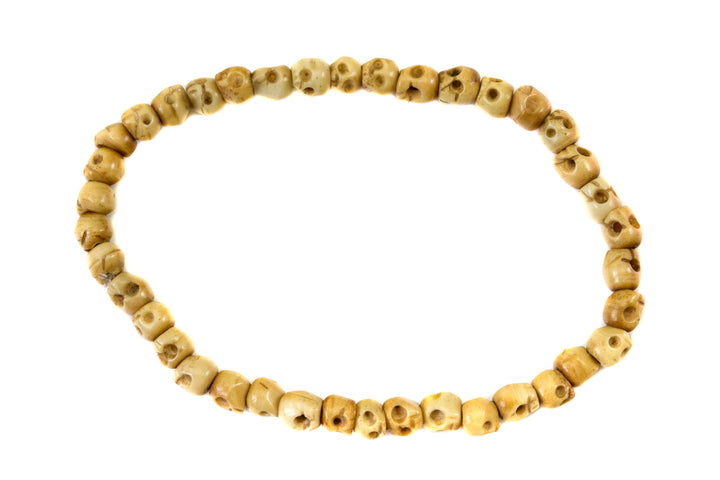 Skull Bracelet Carved Bone White Cream Or Brown  Bone Skulls 8 Inch Women Man Men's Bracelet Stretchy Tibetan Prayer Beads
