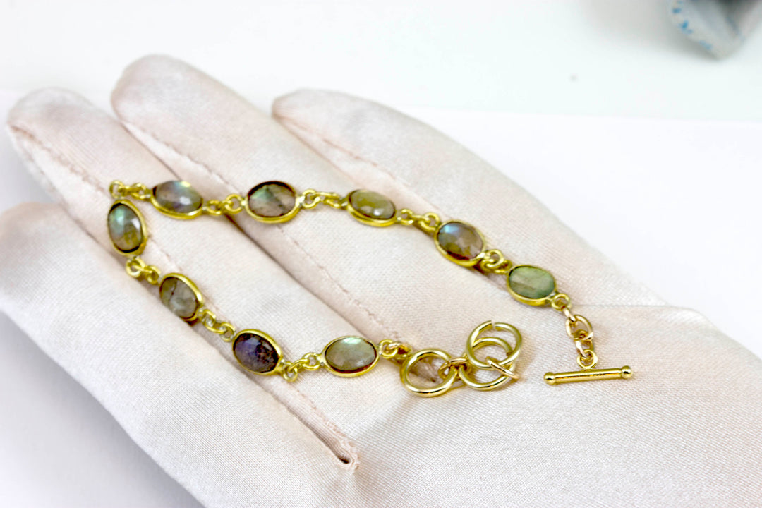Labradorite Bracelet Blue Flash Labradorite 6.5 to 7.5 Inch Adjustable Bezel Set Faceted Oval Shape Cabochons Toggle Clasp Dainty Simple
