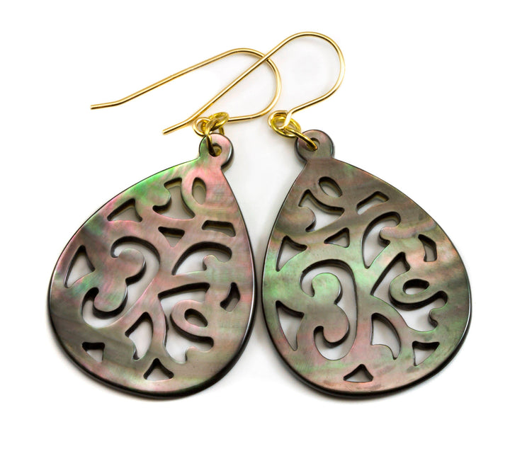 Mother of Pearl Earrings Peacock Black Shell Carved Relief Wide Teardrop Natural 14k Gold Filled or Sterling Silver Large Luster MOP  2 Inch