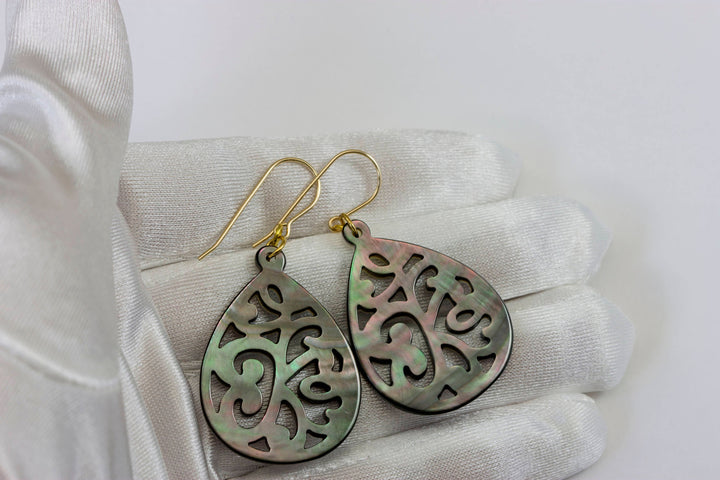 Mother of Pearl Earrings Peacock Black Shell Carved Relief Wide Teardrop Natural 14k Gold Filled or Sterling Silver Large Luster MOP  2 Inch