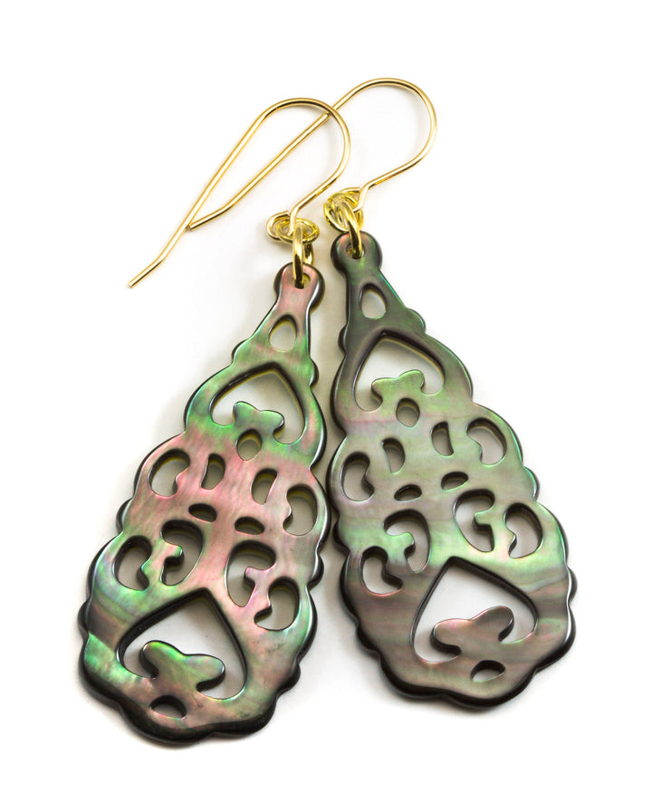 Mother of Pearl Earrings Peacock Black Shell Carved Relief Teardrop Natural 14k Gold Filled or Sterling Silver Large Luster MOP  2.4 Inches