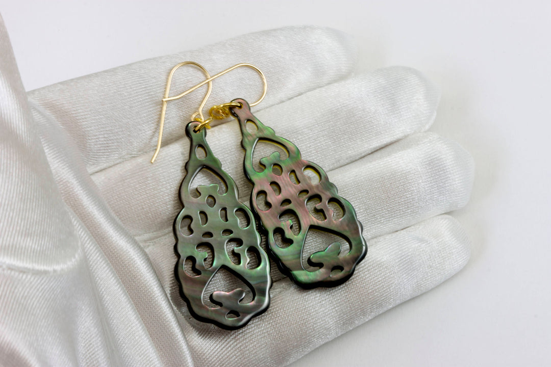 Mother of Pearl Earrings Peacock Black Shell Carved Relief Teardrop Natural 14k Gold Filled or Sterling Silver Large Luster MOP  2.4 Inches
