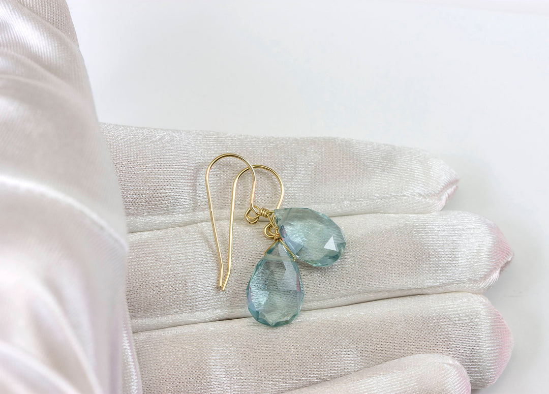 Aquamarine Earrings faceted Simulated Aqua Pear Dangle Drop Teardrop Sterling Silver or 14k Solid Gold or Filled Soft Aqua Blue Simple Daily