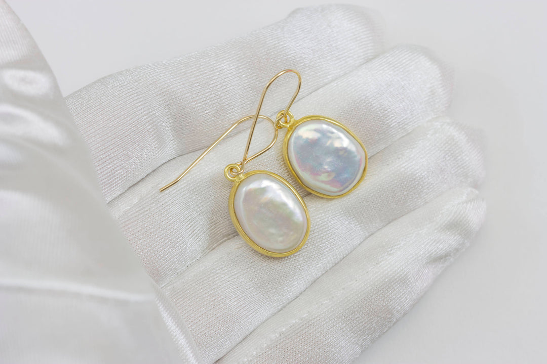 Pearl Earrings 14k solid Gold or Filled or Sterling Silver Bezel Set Oval off round Baroque High Luster Simple Drops Everyday Wear