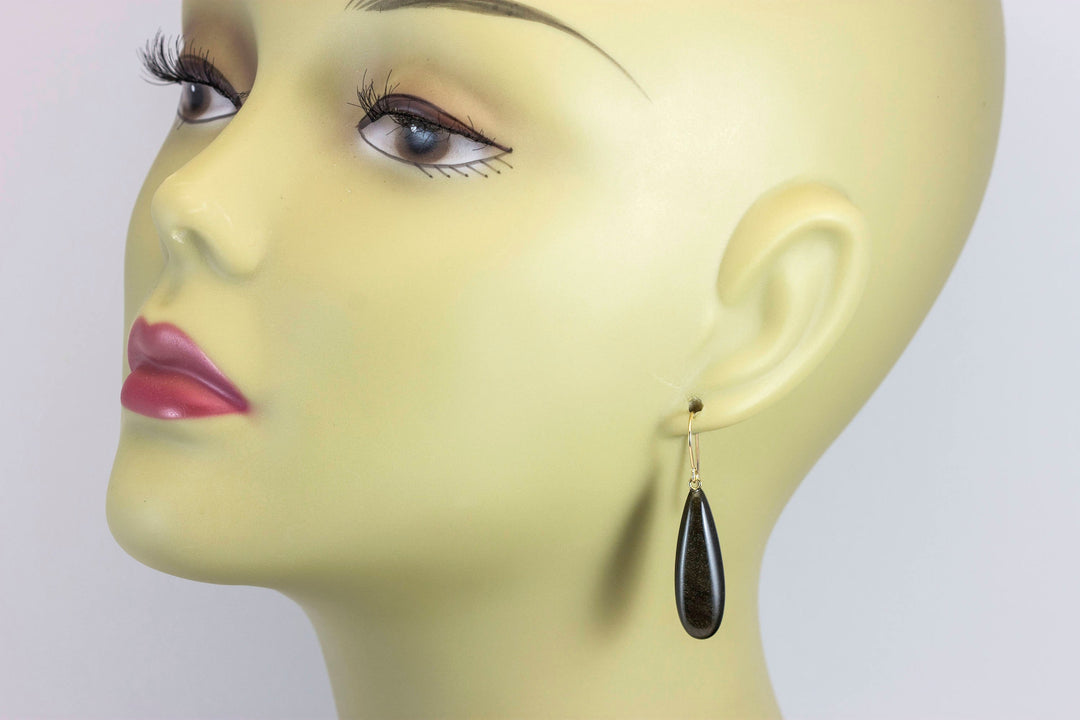 Black Obsidian Earrings Long Smooth Drop Sterling Silver or 14k Gold Filled or Solid 14k Gold Real Natural Simple Puffed Teardrops Shimmery