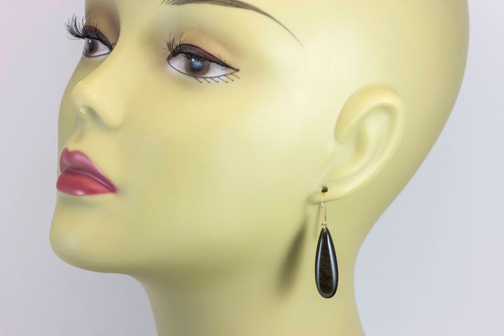 Black Obsidian Earrings Long Smooth Drop Sterling Silver or 14k Gold Filled or Solid 14k Gold Real Natural Simple Puffed Teardrops Shimmery