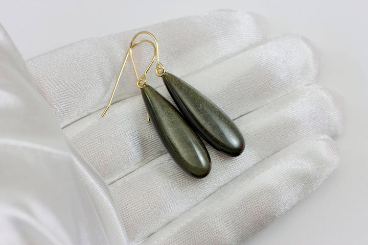 Black Obsidian Earrings Long Smooth Drop Sterling Silver or 14k Gold Filled or Solid 14k Gold Real Natural Simple Puffed Teardrops Shimmery