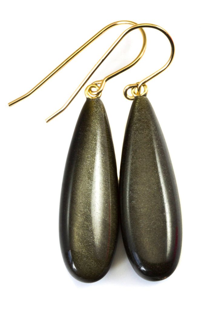 Black Obsidian Earrings Long Smooth Drop Sterling Silver or 14k Gold Filled or Solid 14k Gold Real Natural Simple Puffed Teardrops Shimmery