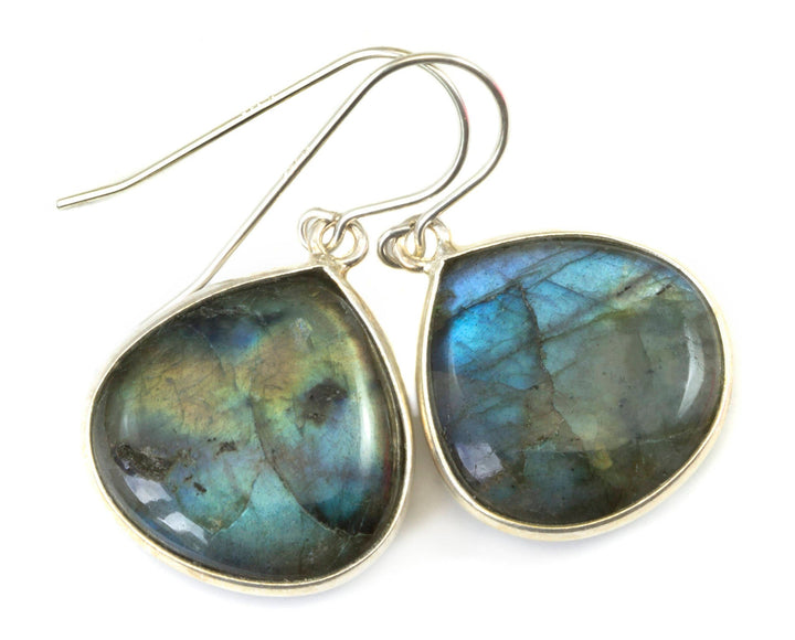 Blue Flash Labradorite Earrings large Simple Drops Bezel Set Smooth Heart Dangle 14k Gold Filled or Sterling Silver Dainty Daily Wear simple